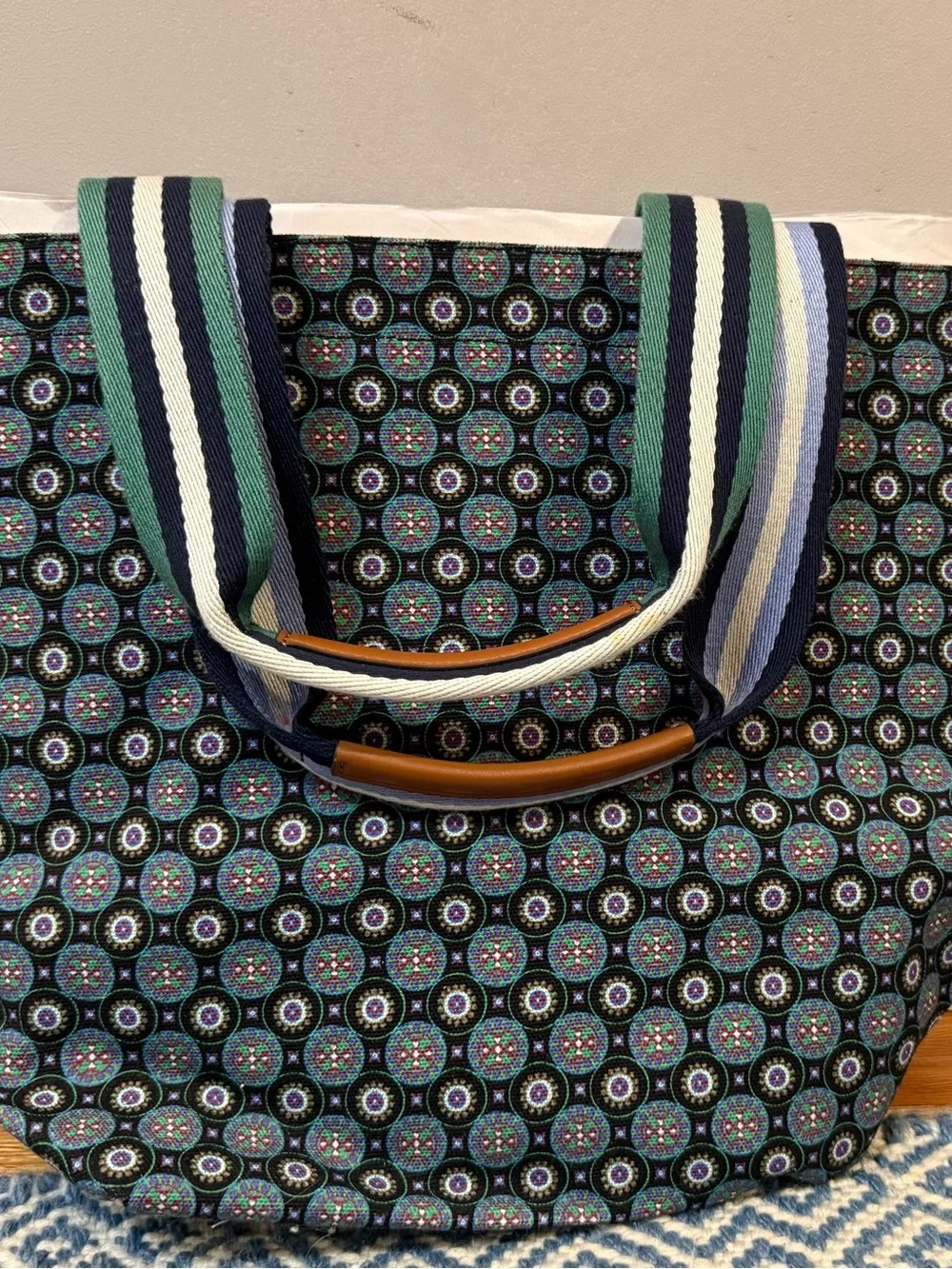 Tory Burch Green Bandana-Print Canvas Tote with Tan Leather Logo Patch